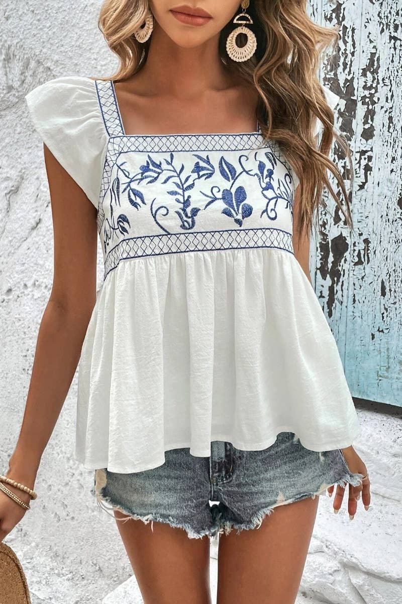 CWTBLS1140_SUMMER EMBROIDERED SQUARE COLLAR RUFFLED TOP