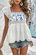 CWTBLS1140_SUMMER EMBROIDERED SQUARE COLLAR RUFFLED TOP