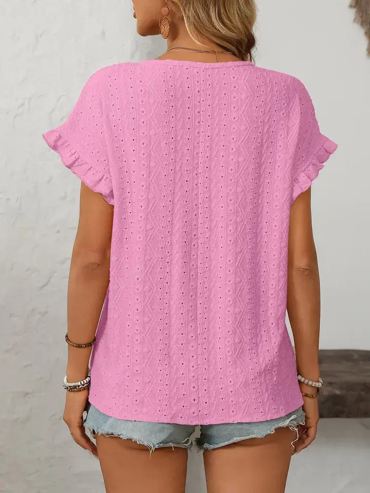 Solid Color Crewneck Hollow-Out Short-Sleeve Top: Turquoise blue / 65%Polyester+30%Viscose+5%Elastane / XL