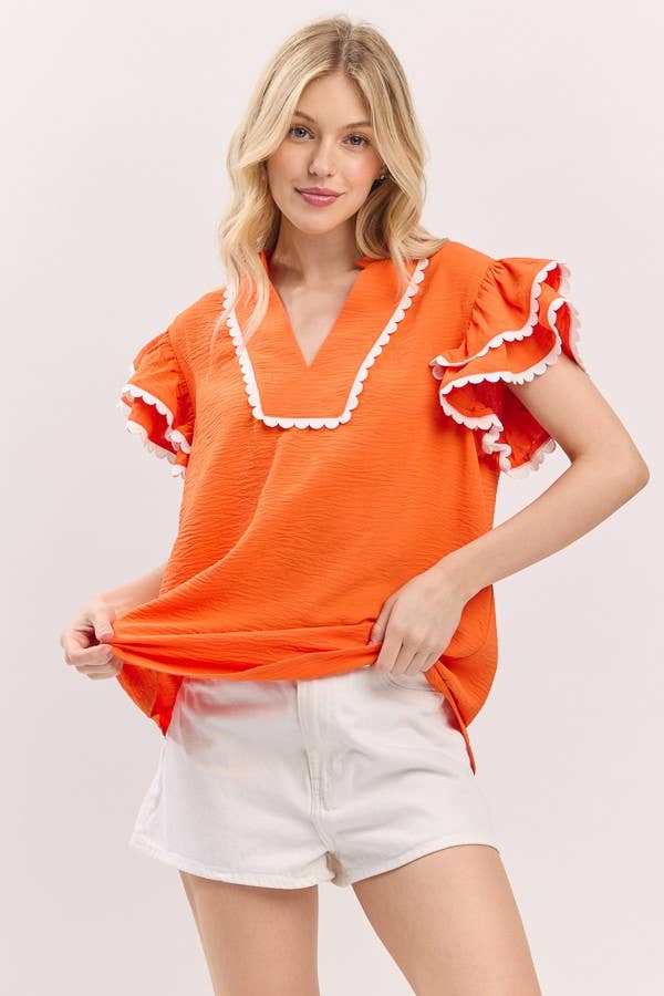 Ruffle Sleeve Scallop Trim Top