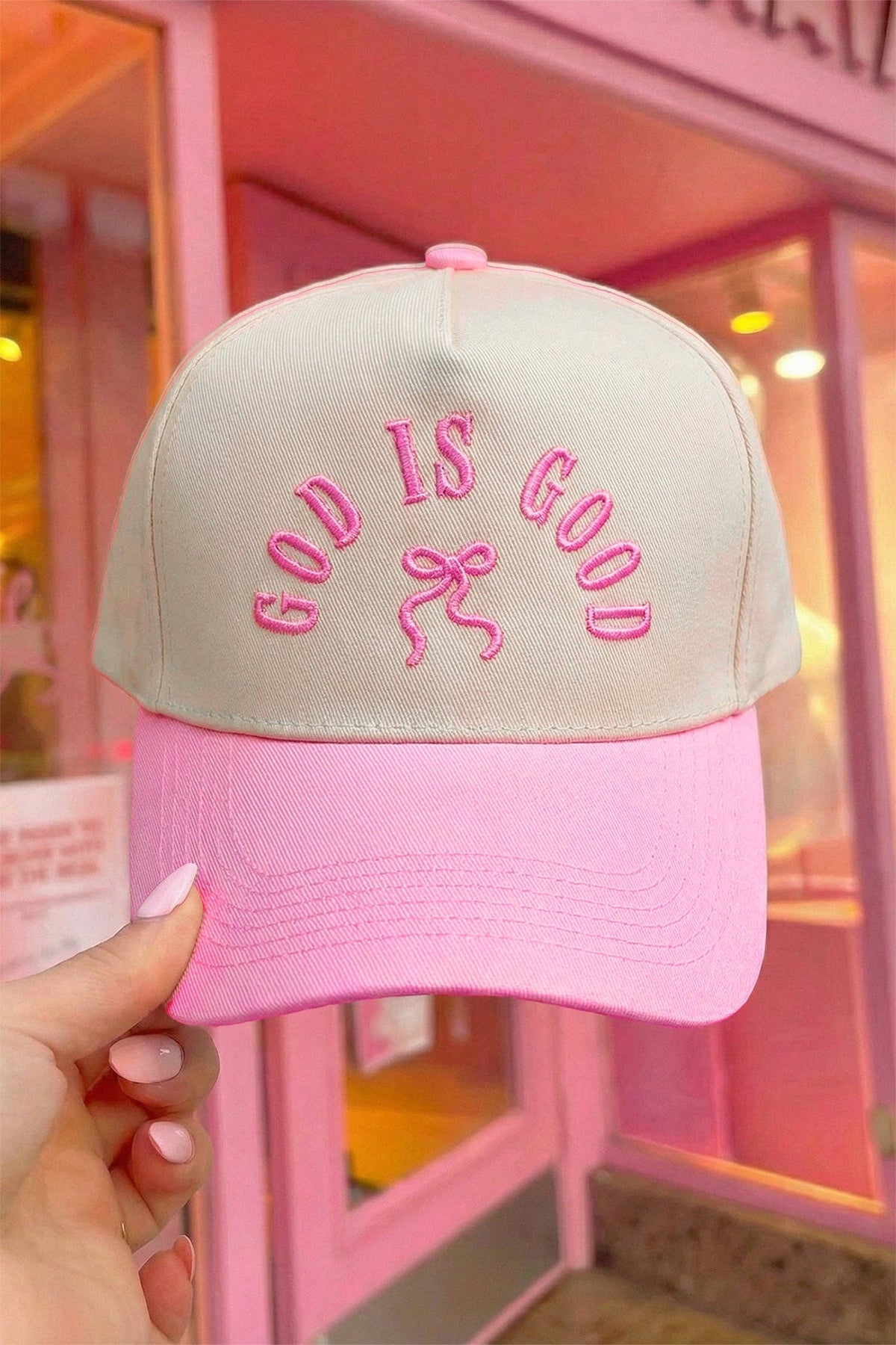 Pink GOD IS GOOD Embroidered Bow Color Block Baseball Cap