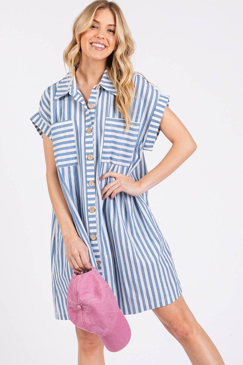 COTTON STRIPED BUTTON DOWN TUNIC DRESS