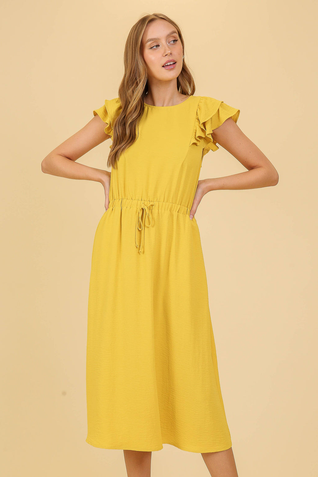 Cap Ruffle Tiered Sleeve Airflow Midi Dress