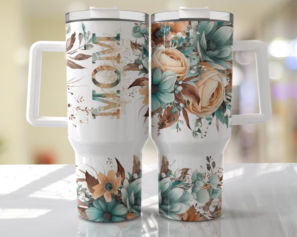 Turquoise/Brown Floral Mom 40oz Tumbler with Handle