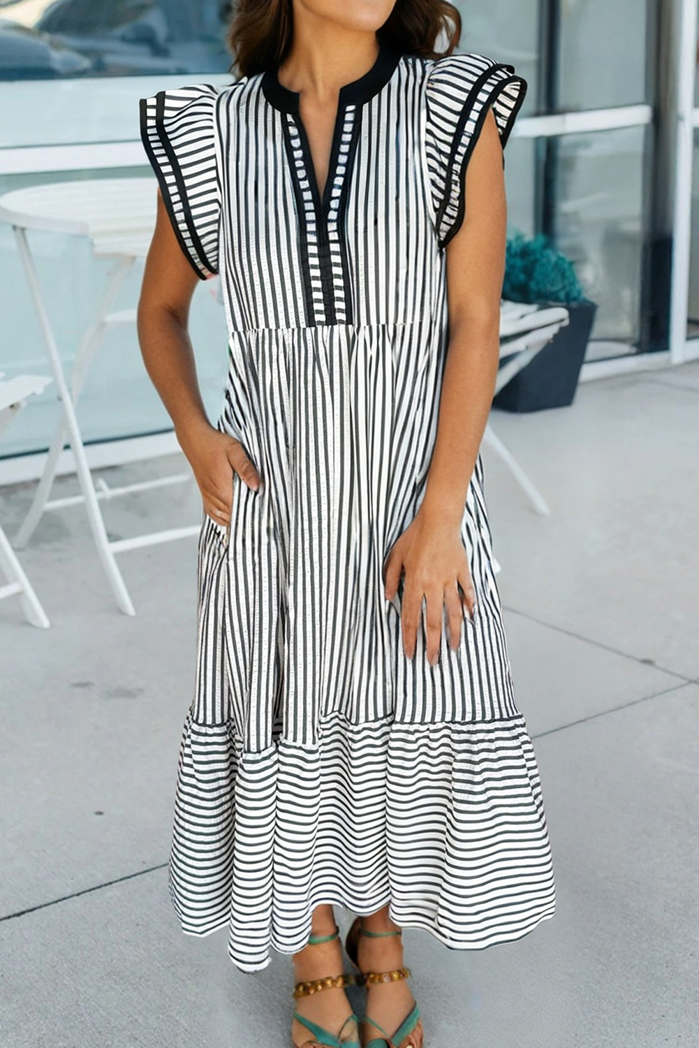 Plus Size Stripe V Neck Tiered Flutter Sleeve Maxi Dress: Brown Stripe / Plus Size / Plus-3X