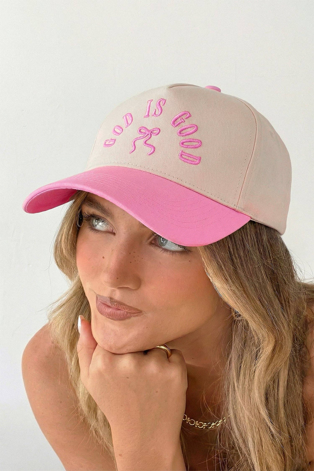 Pink GOD IS GOOD Embroidered Bow Color Block Baseball Cap