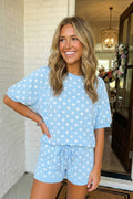 LAS-LIVE Polka Dot Print Top Drawstring Shorts Set (S-XL): Sky Blue / Missy / XL