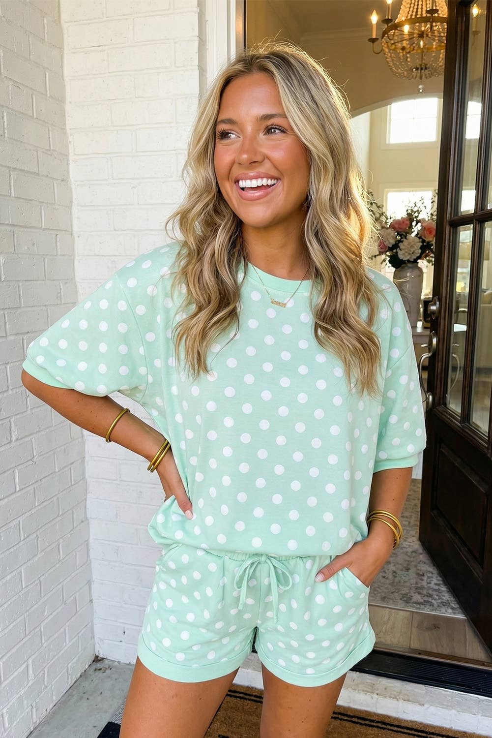 LAS-LIVE Polka Dot Print Top Drawstring Shorts Set (S-XL): Sky Blue / Missy / M