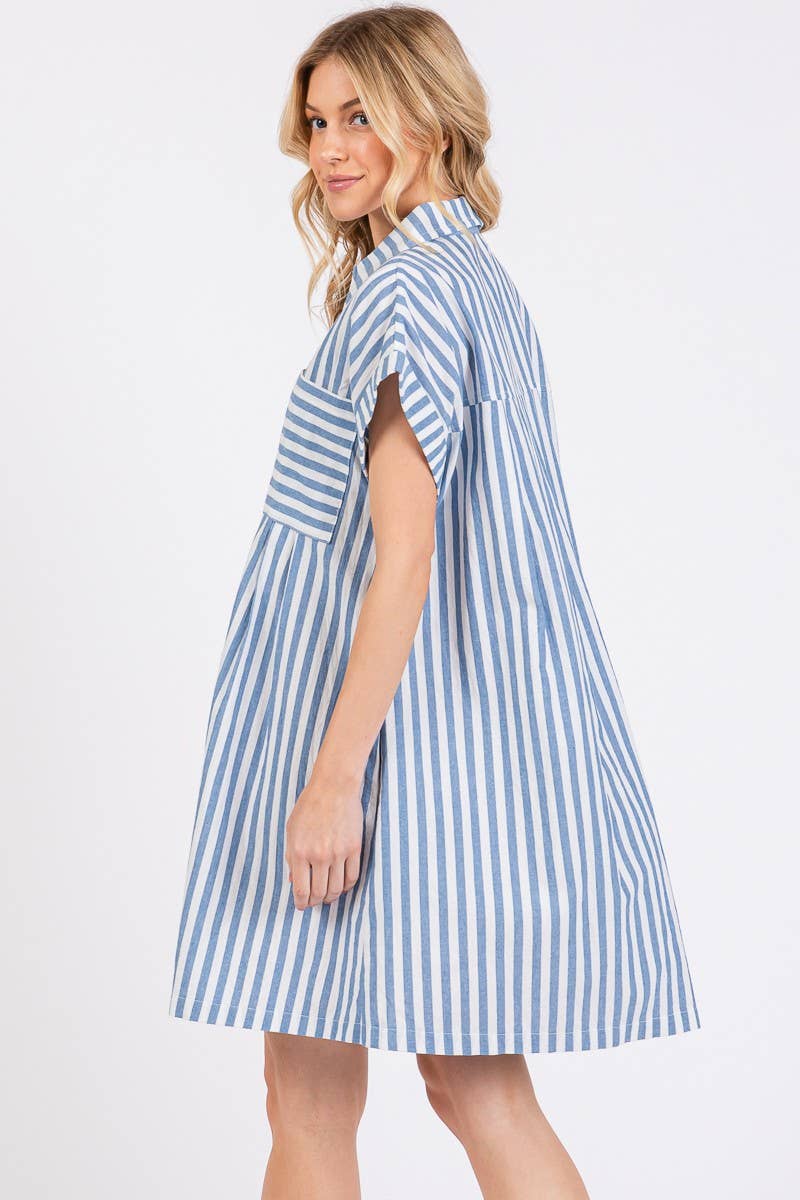 COTTON STRIPED BUTTON DOWN TUNIC DRESS