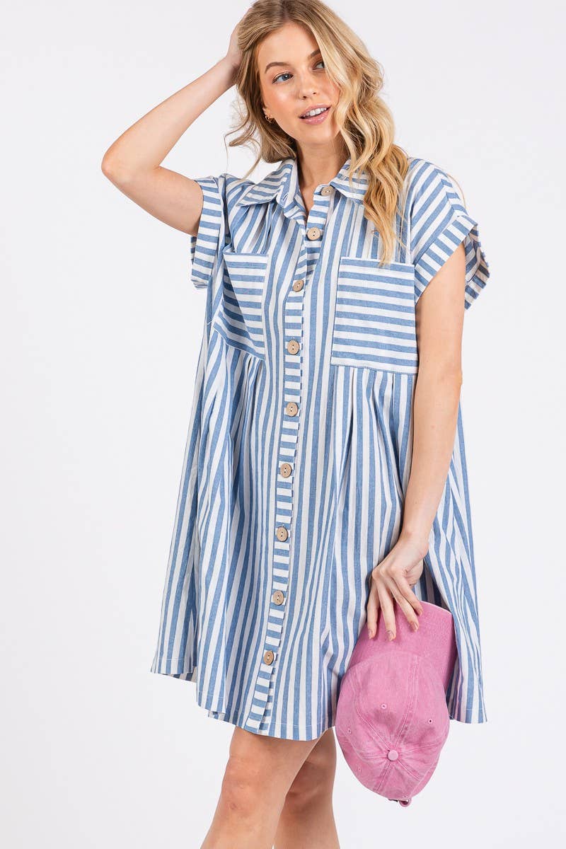 COTTON STRIPED BUTTON DOWN TUNIC DRESS