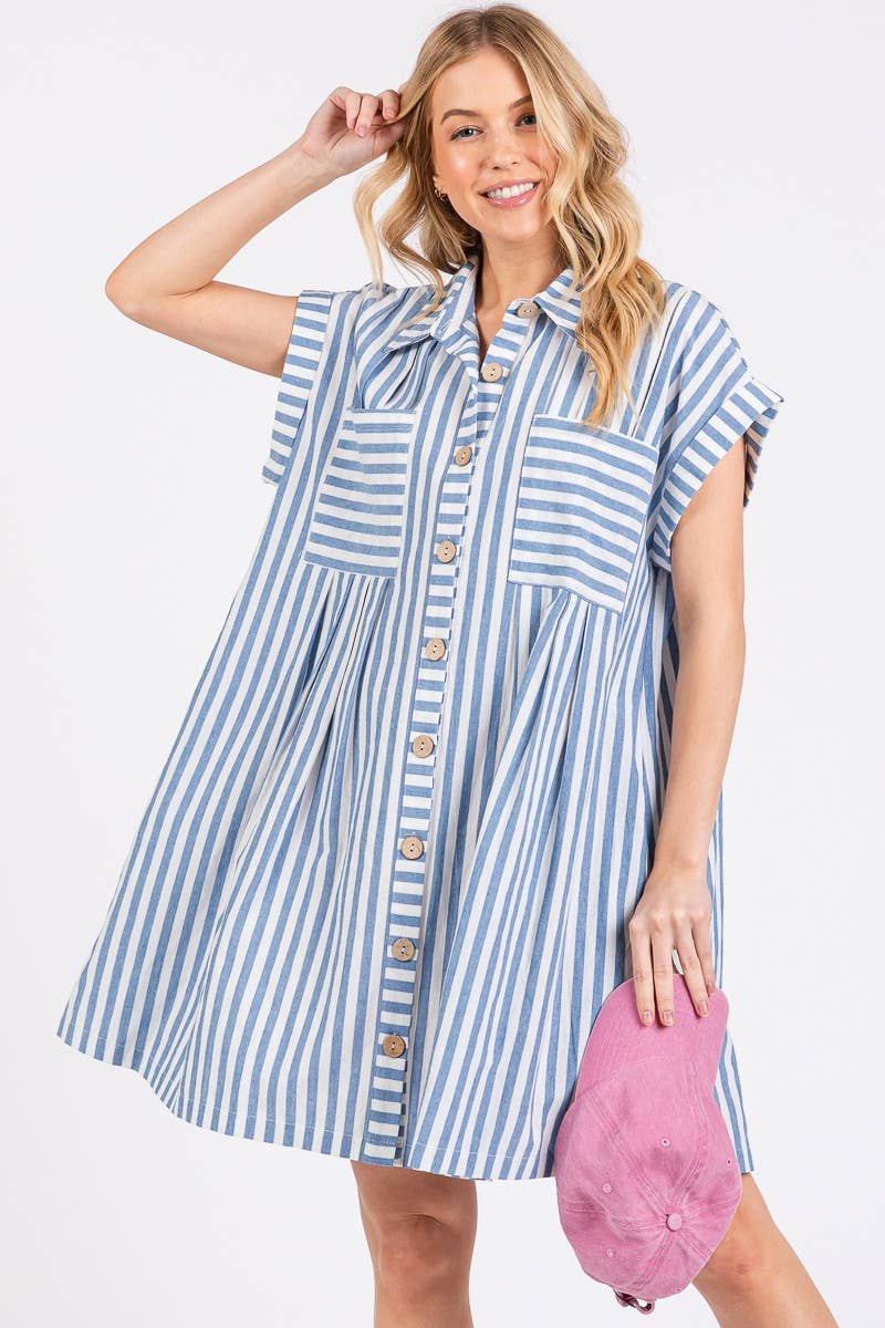 COTTON STRIPED BUTTON DOWN TUNIC DRESS