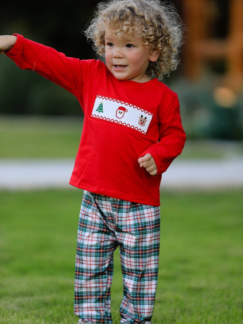 Christmas Plaid Smocking Embroidered Boys Set