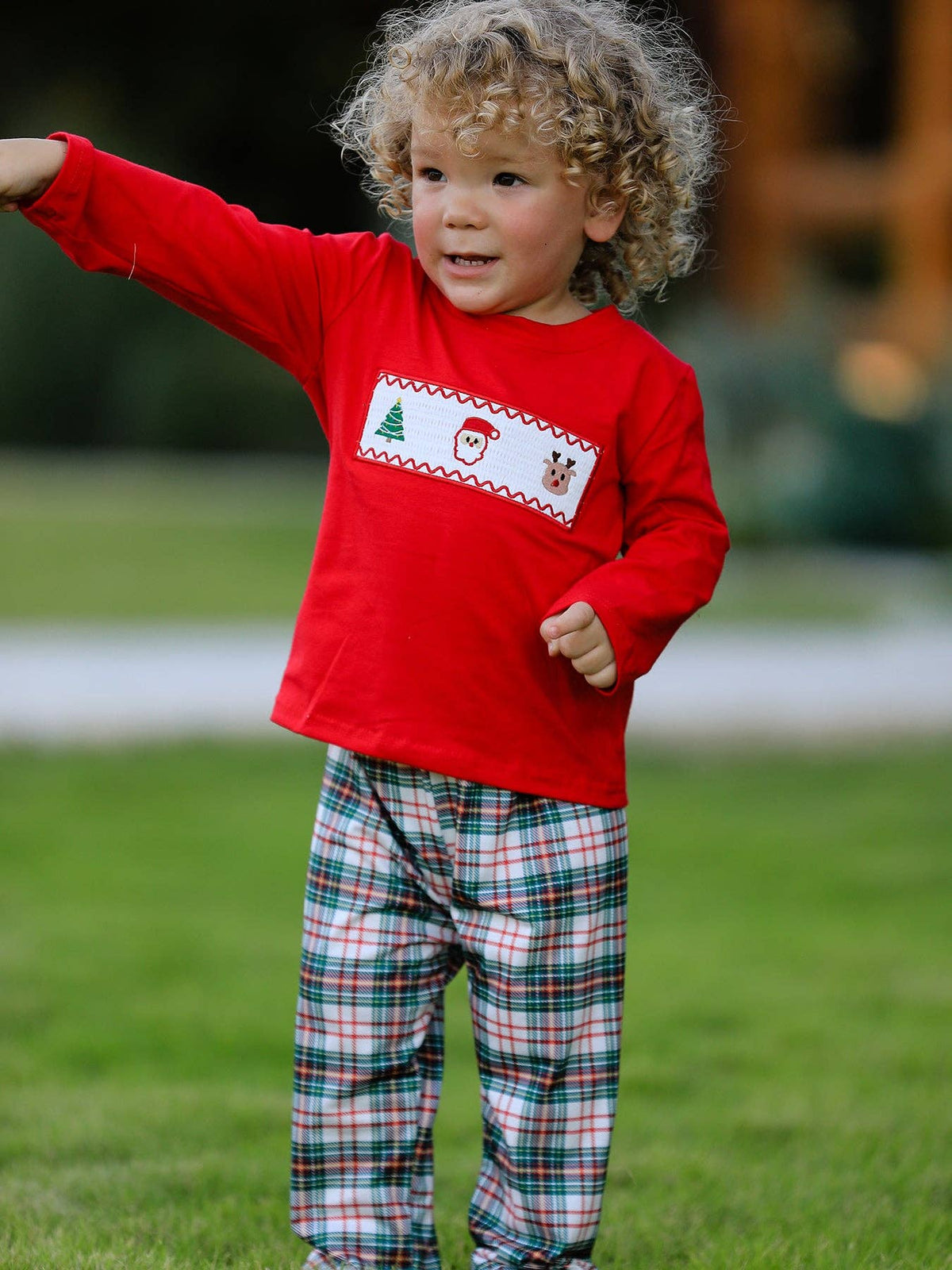Christmas Plaid Smocking Embroidered Boys Set