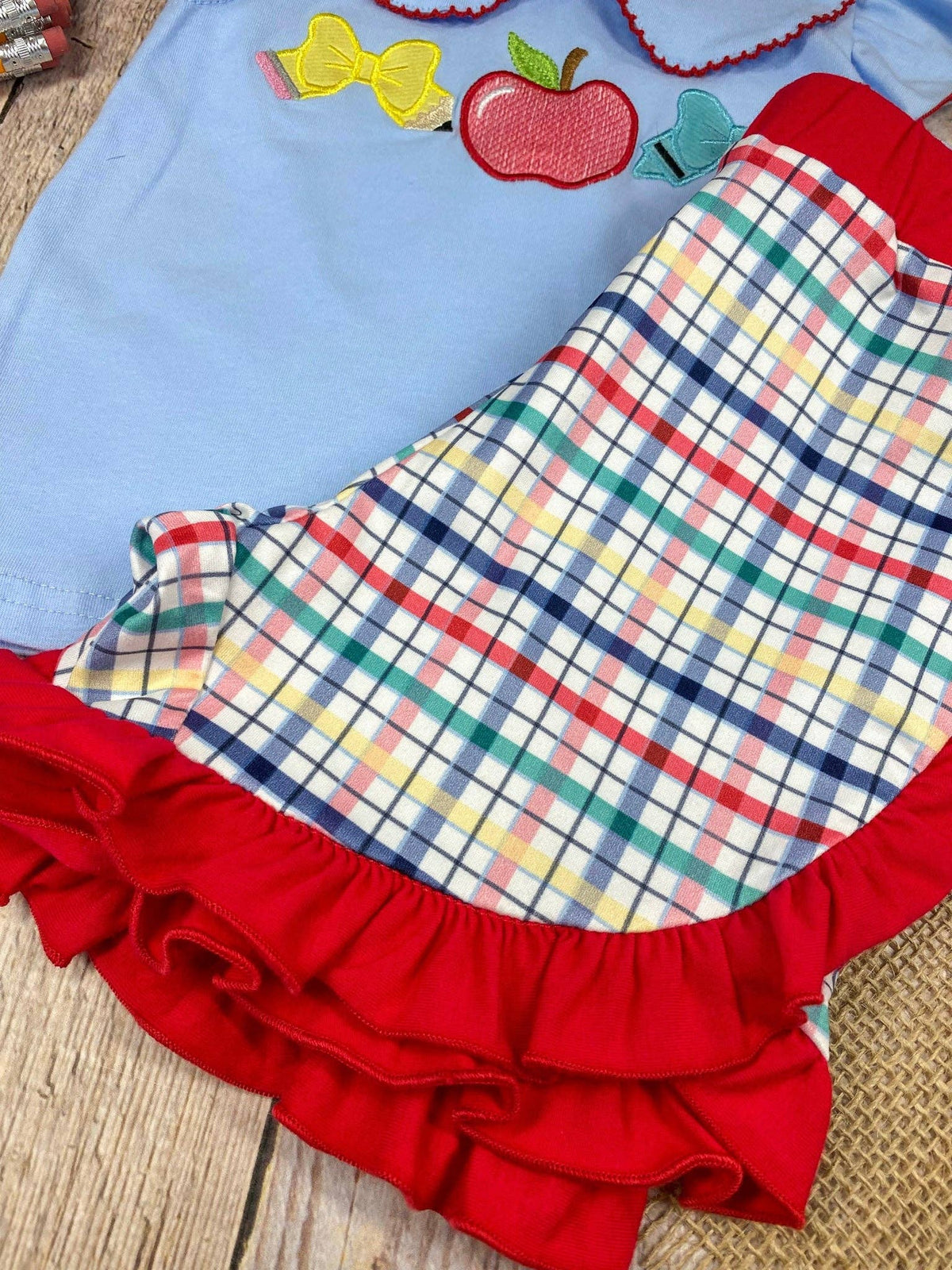 Apple Bow Collar Top & Plaid Ruffle Shorts Set | Girls School Outfit