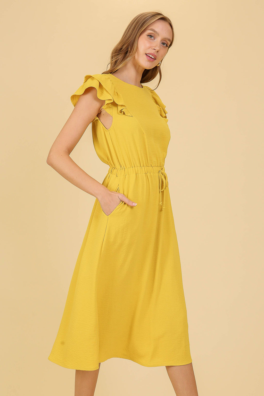 Cap Ruffle Tiered Sleeve Airflow Midi Dress