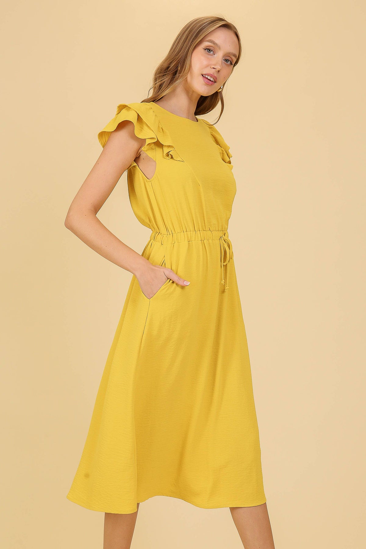 Cap Ruffle Tiered Sleeve Airflow Midi Dress