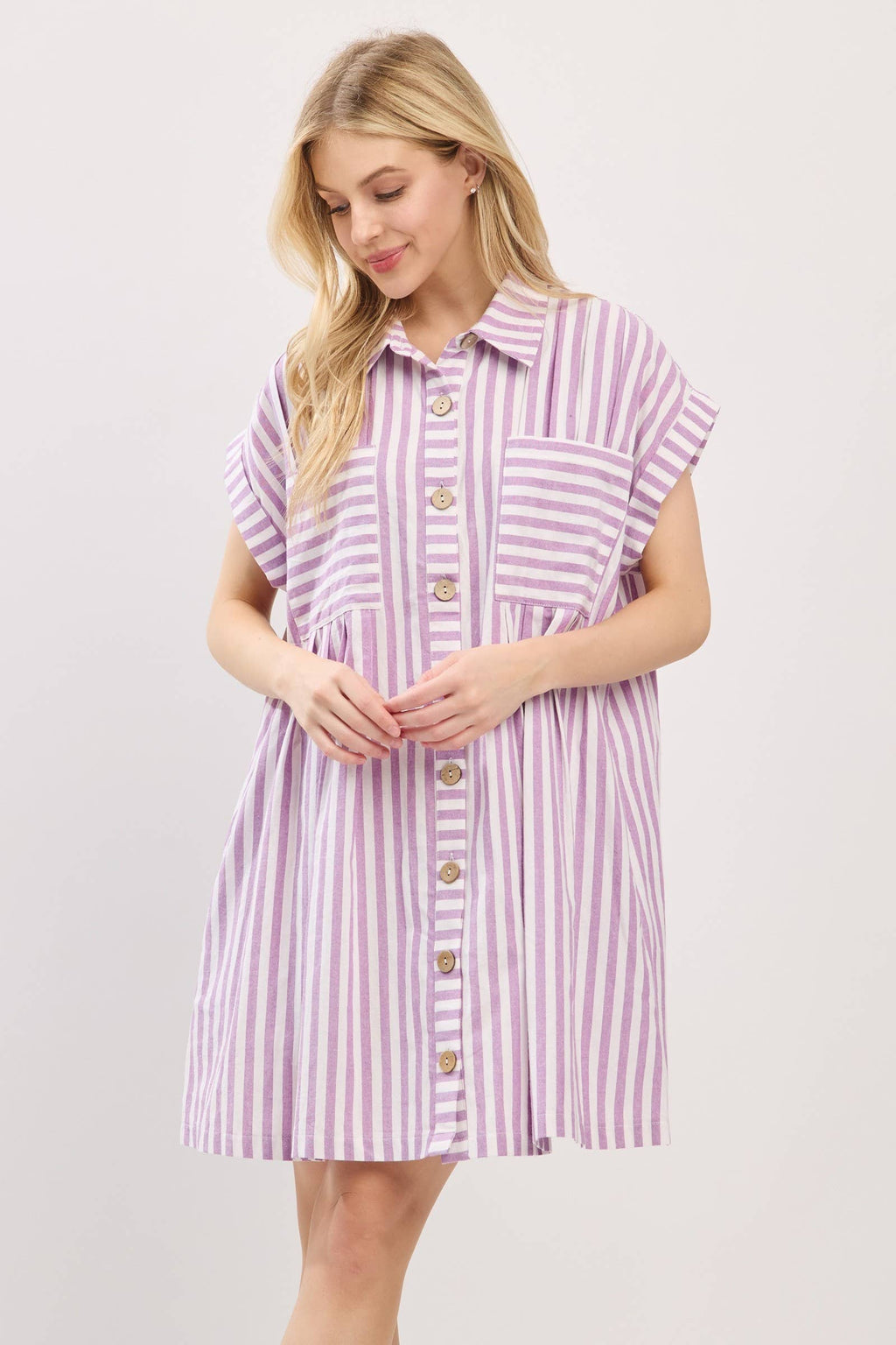 COTTON STRIPED BUTTON DOWN TUNIC DRESS