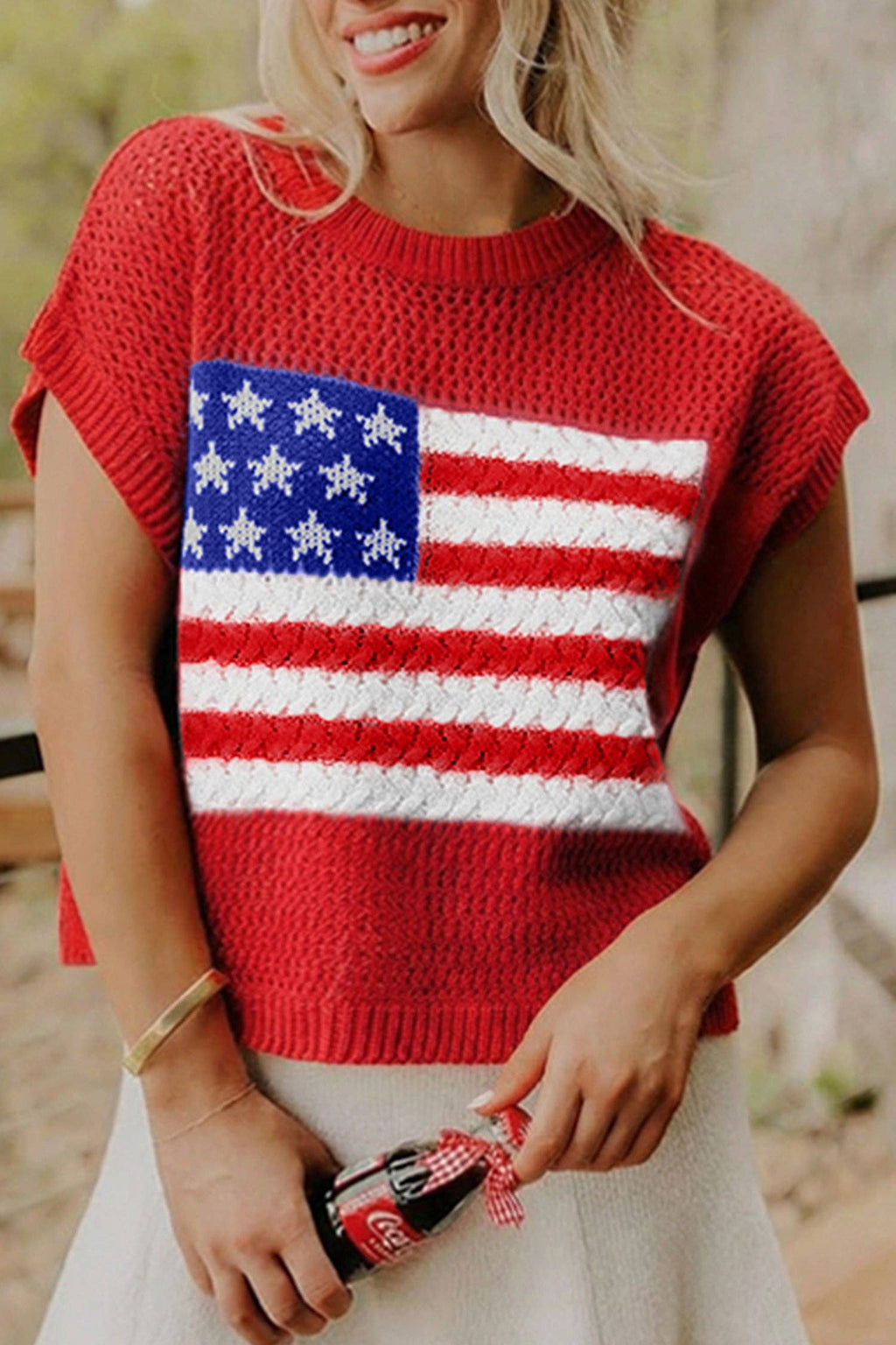 Sky Blue Flag Graphic Short Sleeve Sweater Top: Fiery Red / 100%Acrylic / S