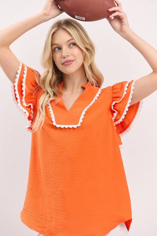 Ruffle Sleeve Scallop Trim Top