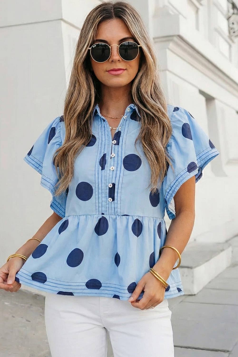 Polka Dot Print Ruffled Buttoned Summer Blouse | S-XL: As shown / Missy / L