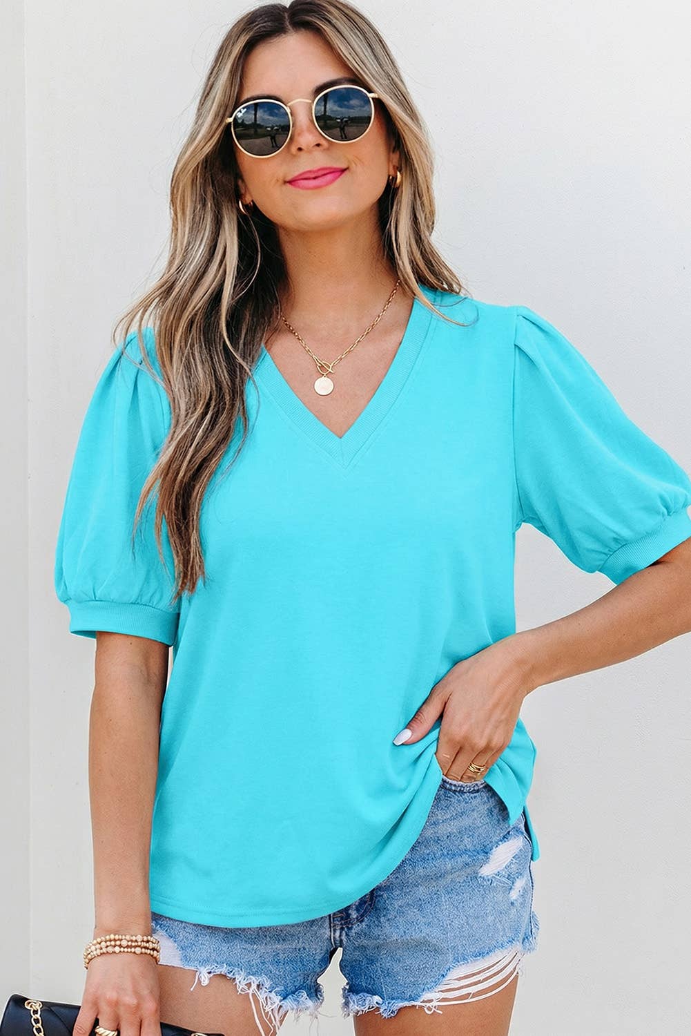 Solid V Neck Short Puff Sleeve Blouse | S-XL: Green / L