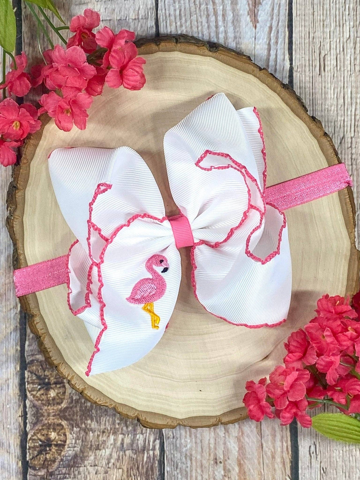 Flamingo Embroidered Moonstitch Hair Bow | Clip or Headband