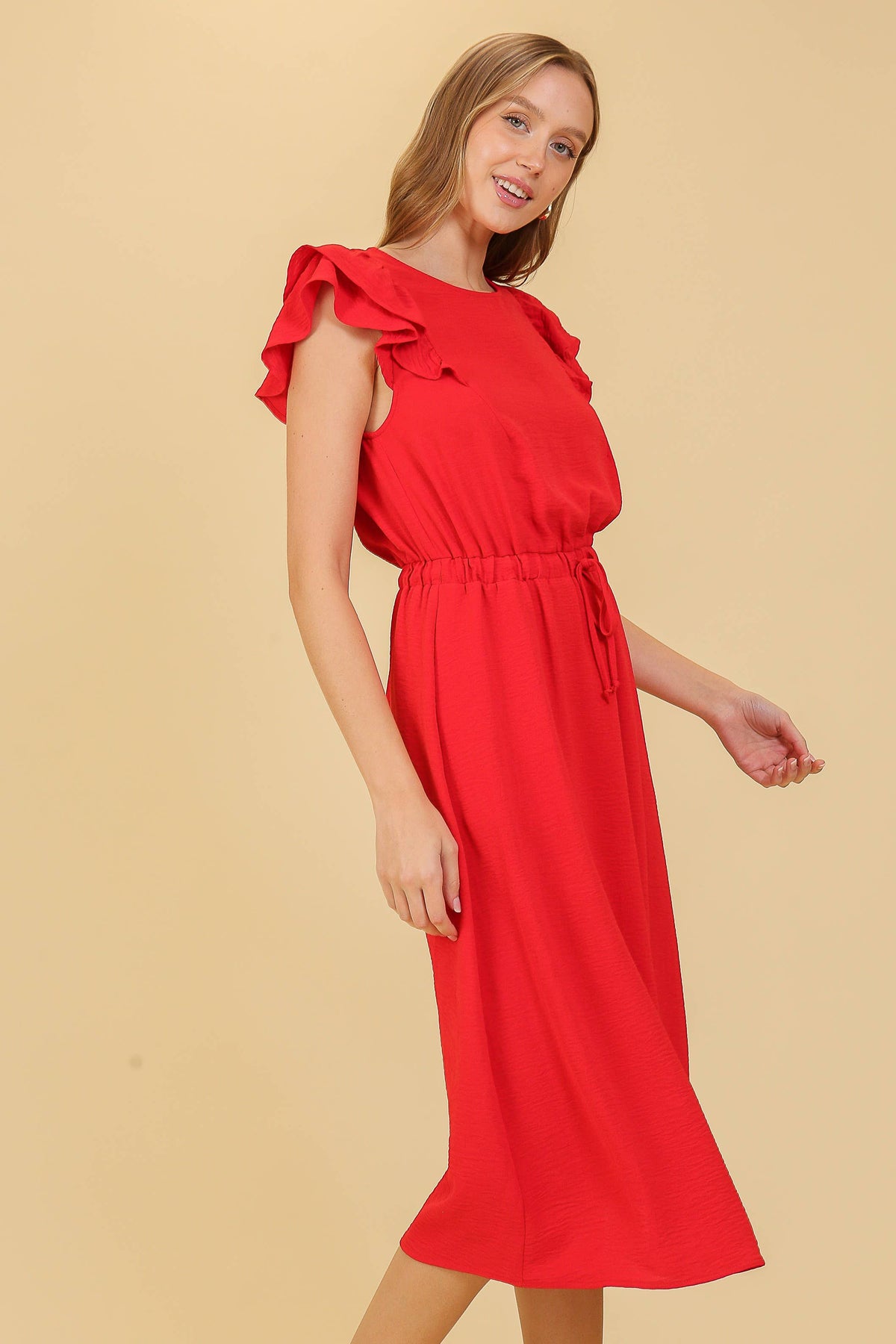 Cap Ruffle Tiered Sleeve Airflow Midi Dress
