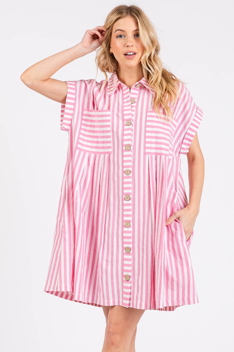 COTTON STRIPED BUTTON DOWN TUNIC DRESS