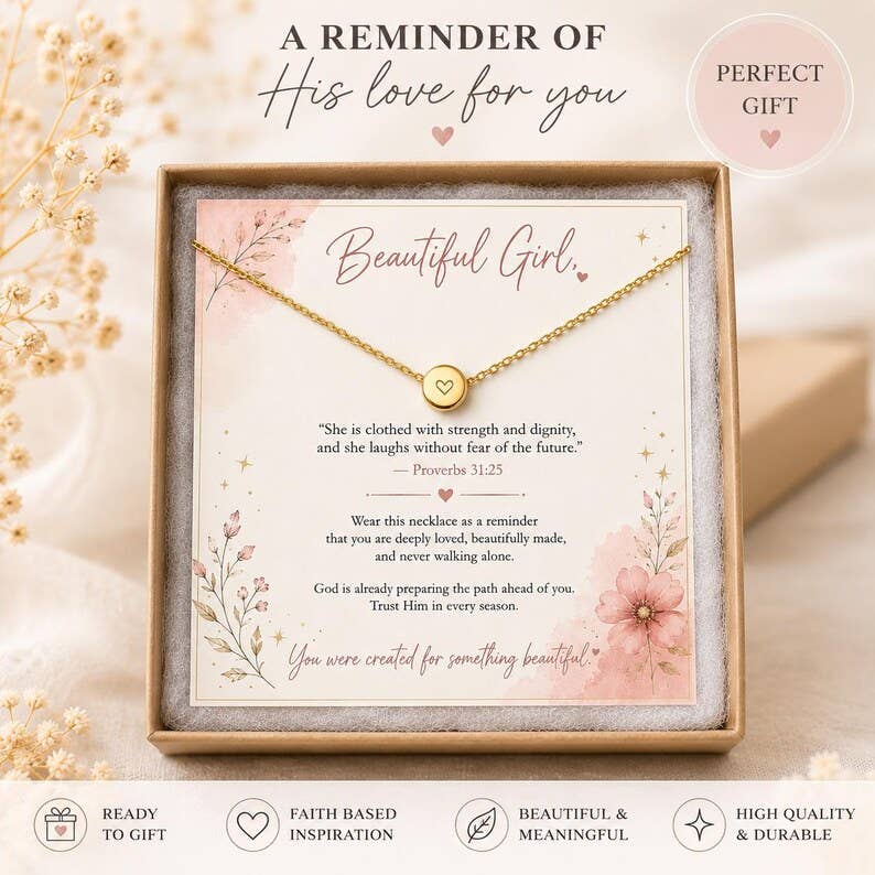 Gold Heart Necklace for Women, Christian Gift for Her, Proverbs 31:25 Jewelry, Faith Based Necklace, Meaningful Graduation Gift