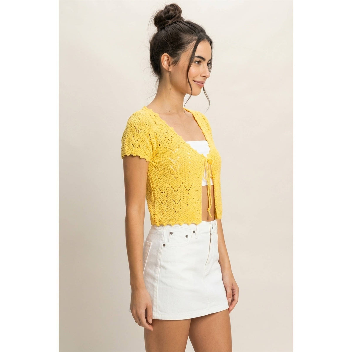 Pointelle Tie Front Knit Cardigan