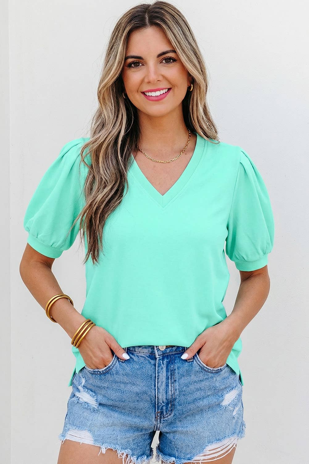 Solid V Neck Short Puff Sleeve Blouse | S-XL: Green / M