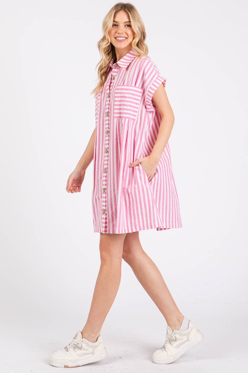 COTTON STRIPED BUTTON DOWN TUNIC DRESS