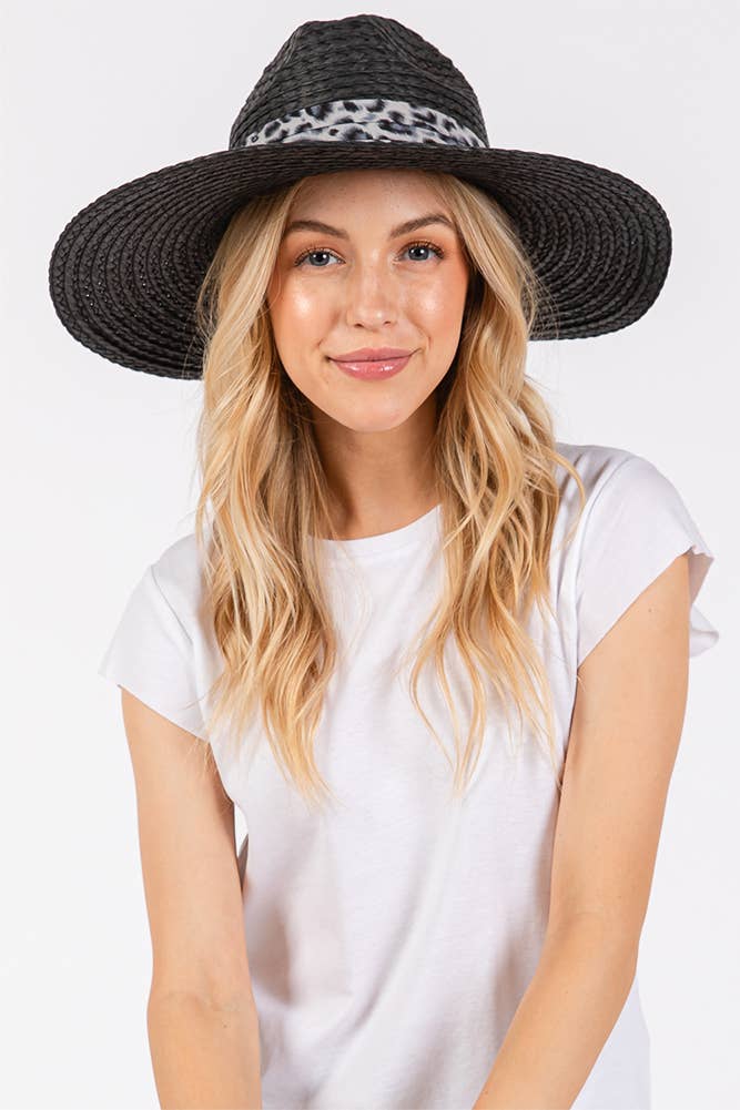 Leopard Trim Band Summer Straw Sun Hat