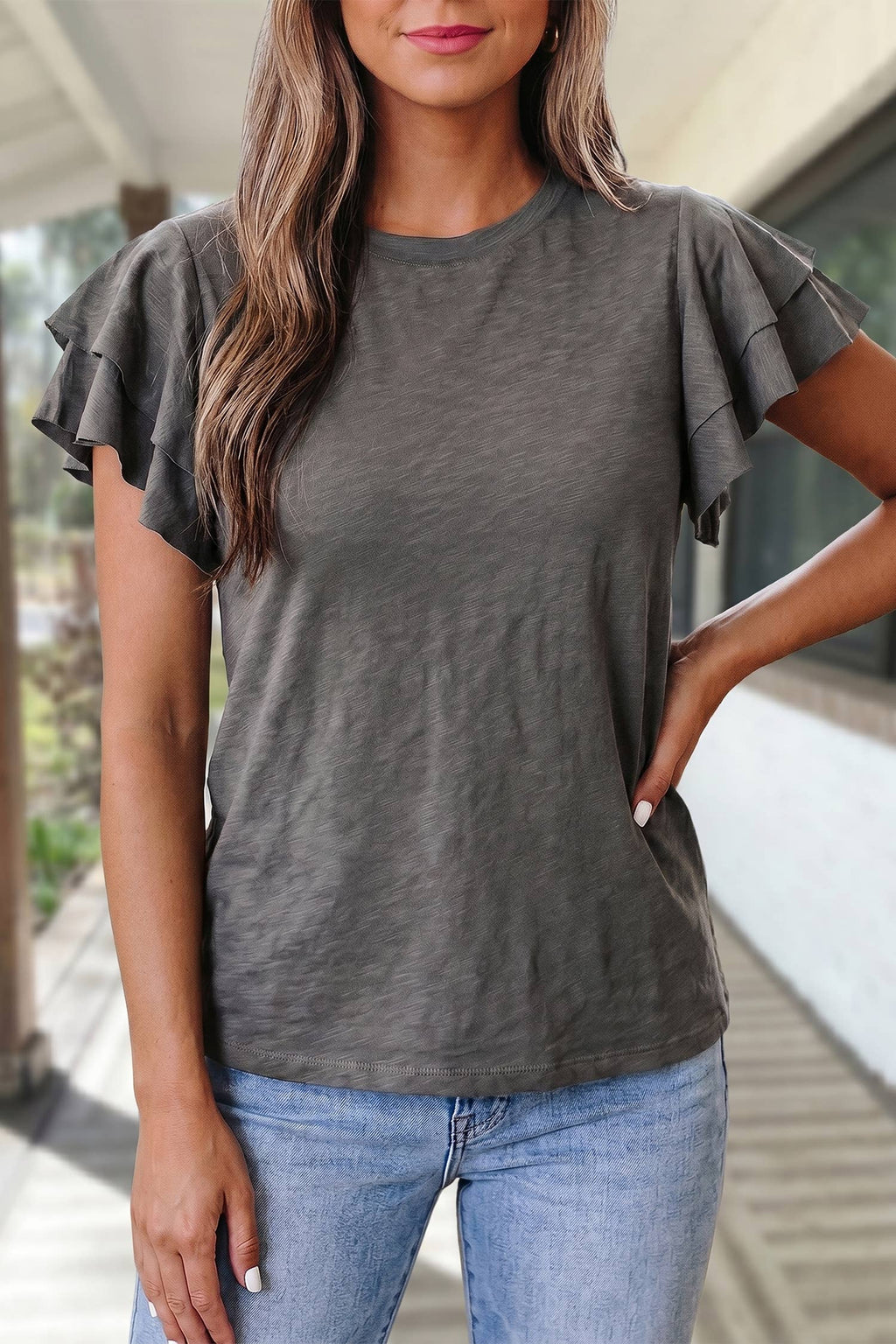 Solid Ruffle Short Sleeve Round Neck Top | S-XL