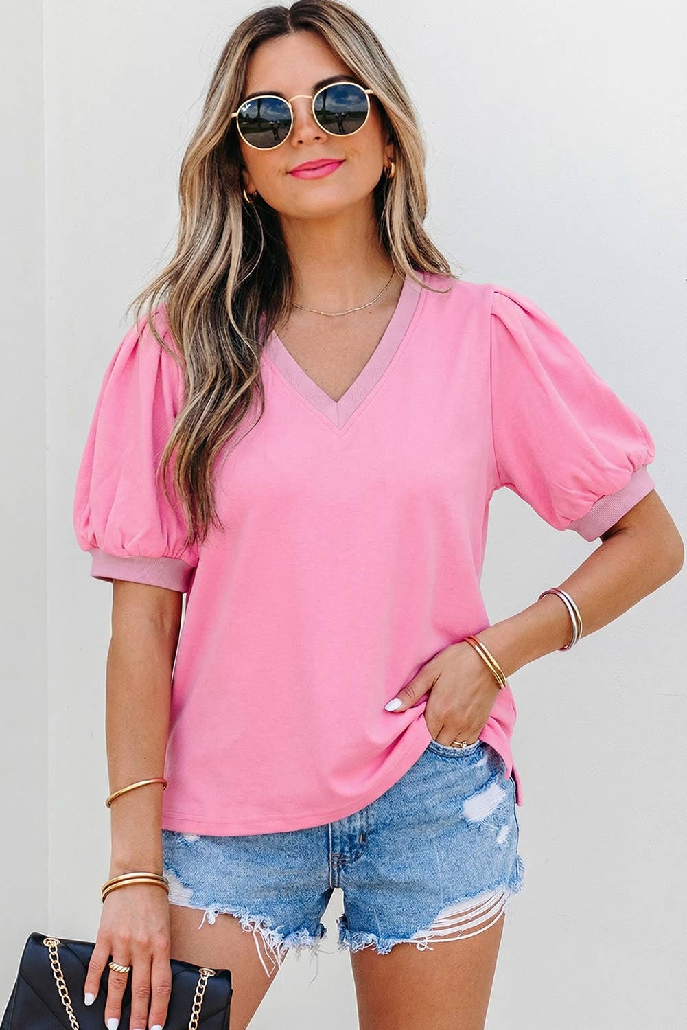 Solid V Neck Short Puff Sleeve Blouse | S-XL: Green / L