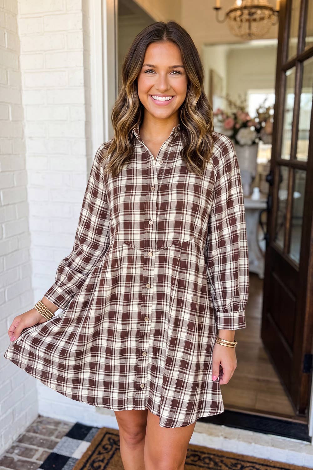 LAS Plaid Button Down Casual Shift Mini Dress (S-XL)