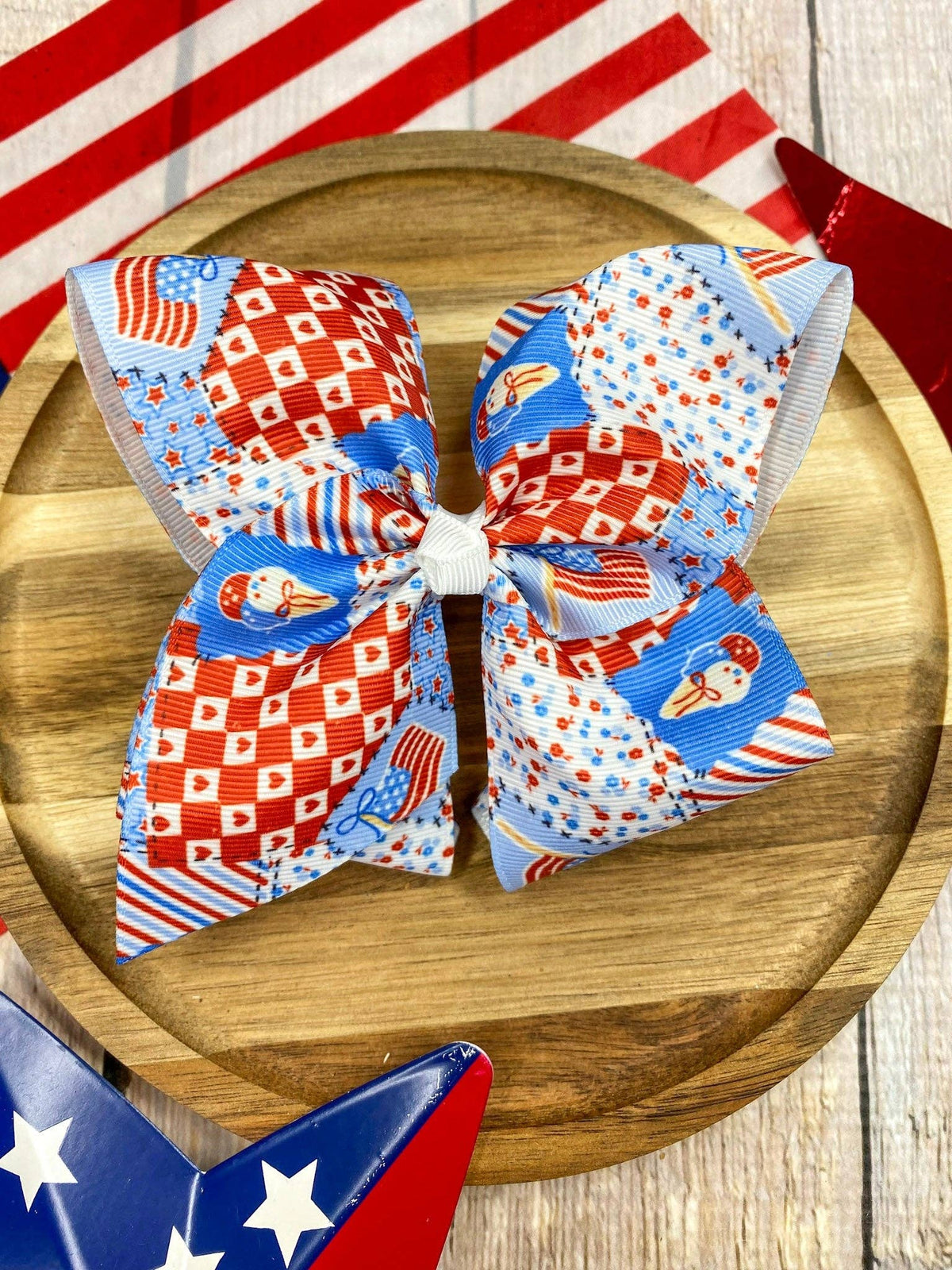 Red White & Blue Patchwork Classic Hair Bow | Clip or Headband