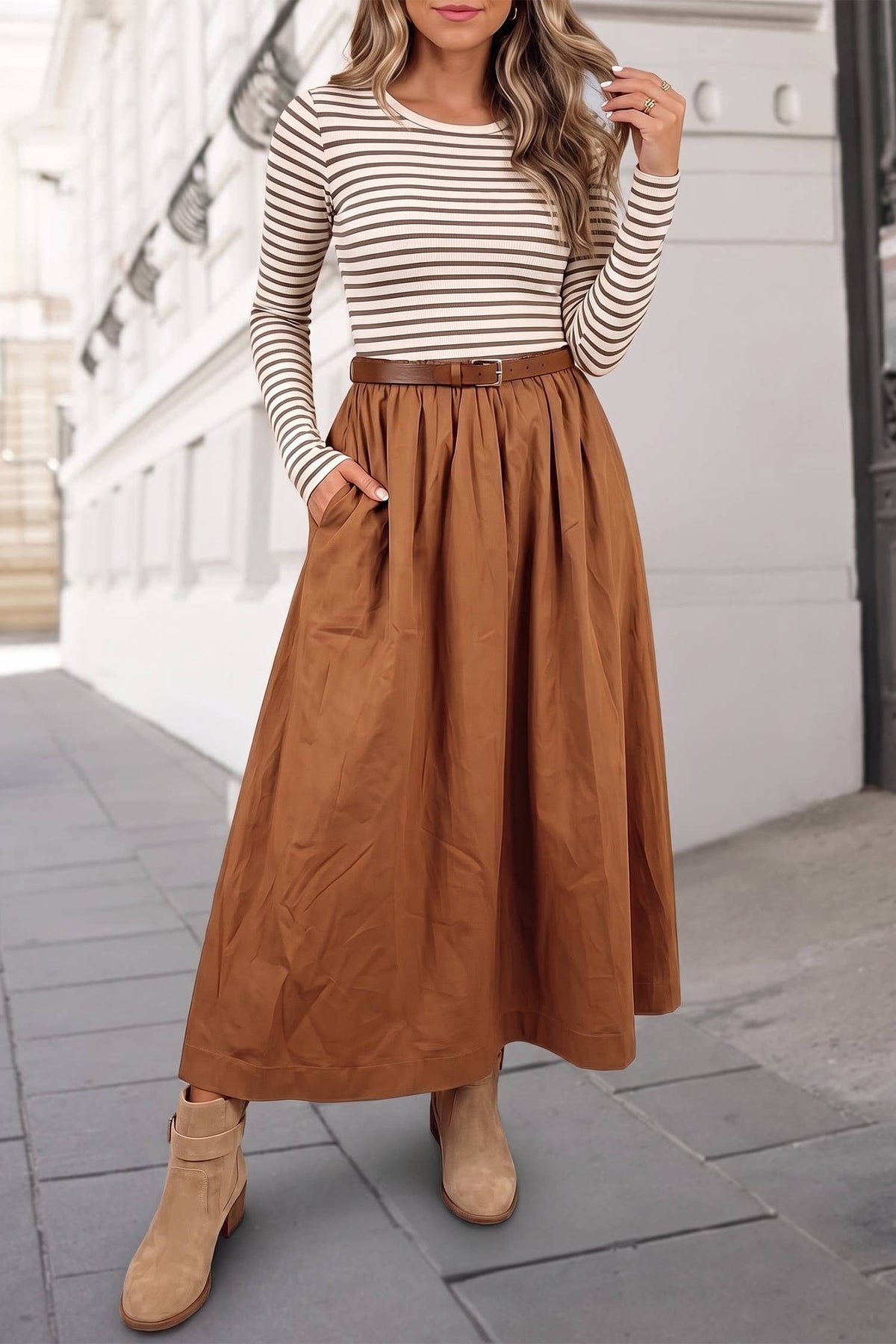 Striped Print Ribbed Knit High Waist Maxi Dress FW26 | S-XL