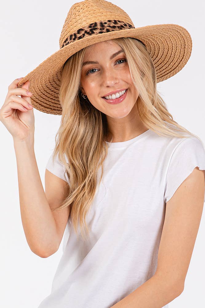 Leopard Trim Band Summer Straw Sun Hat