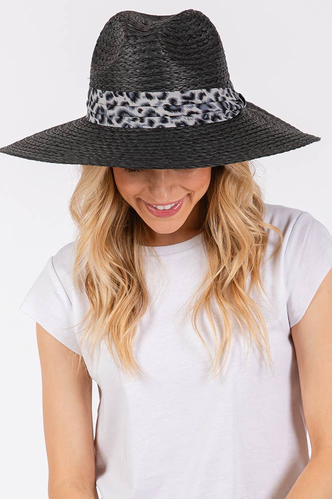 Leopard Trim Band Summer Straw Sun Hat