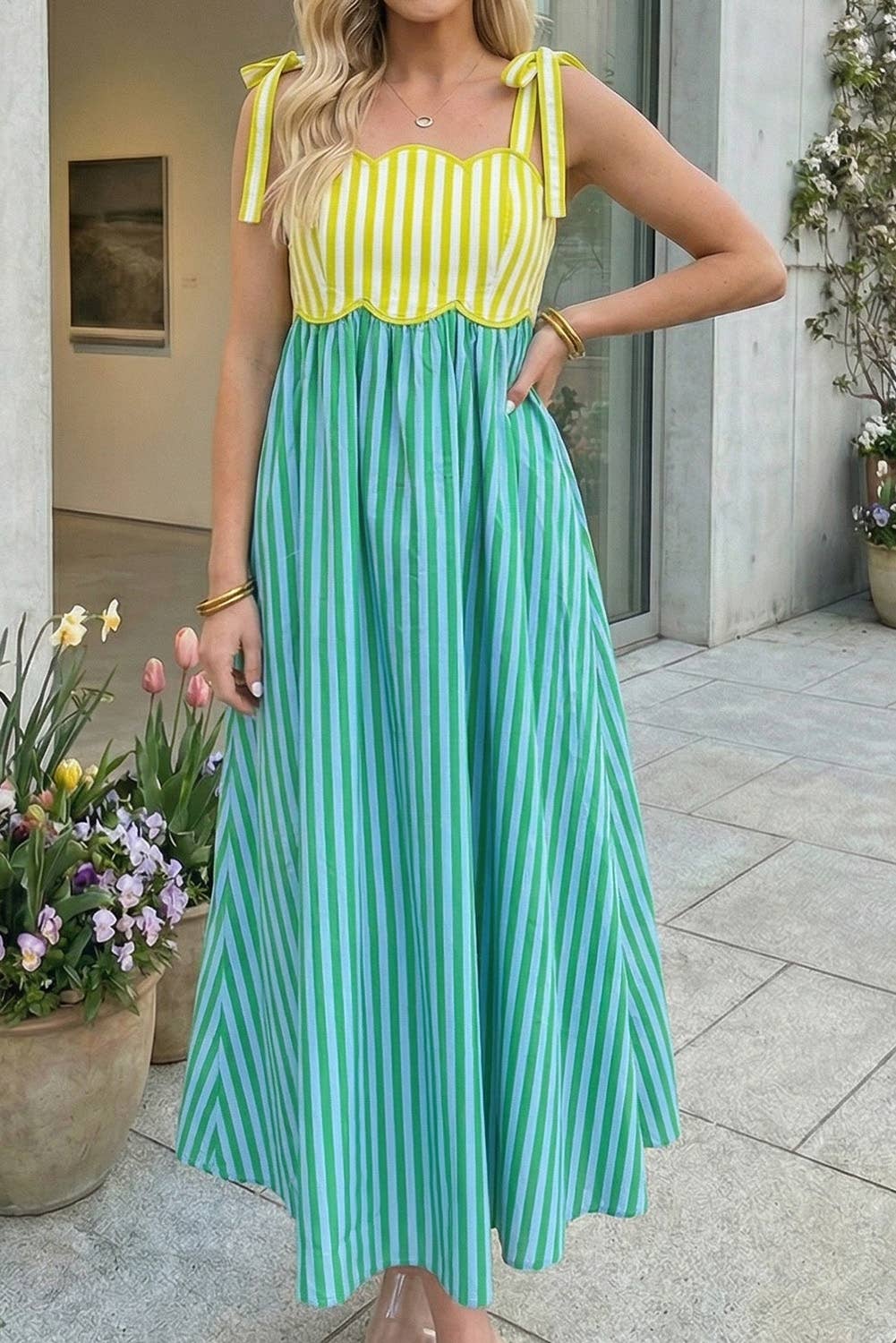 Striped Scalloped Trim Sleeveless Midi Dress (S-XL): Green / Missy / L