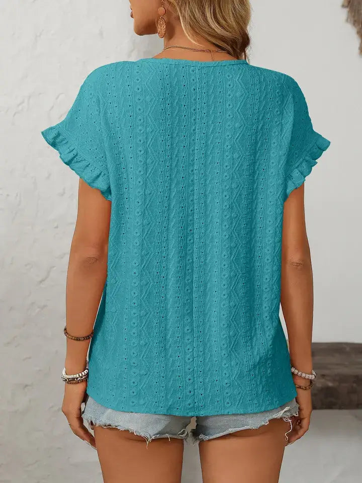 Solid Color Crewneck Hollow-Out Short-Sleeve Top: Turquoise blue / 65%Polyester+30%Viscose+5%Elastane / XL