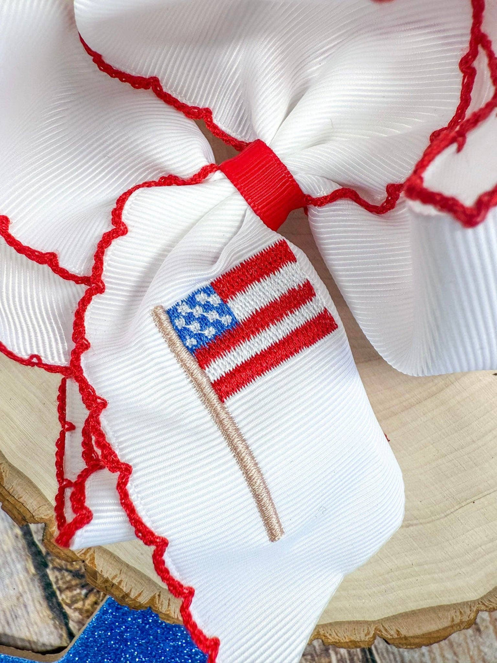 American Flag Embroidered Moonstitch Hair Bow | Clip or Headband