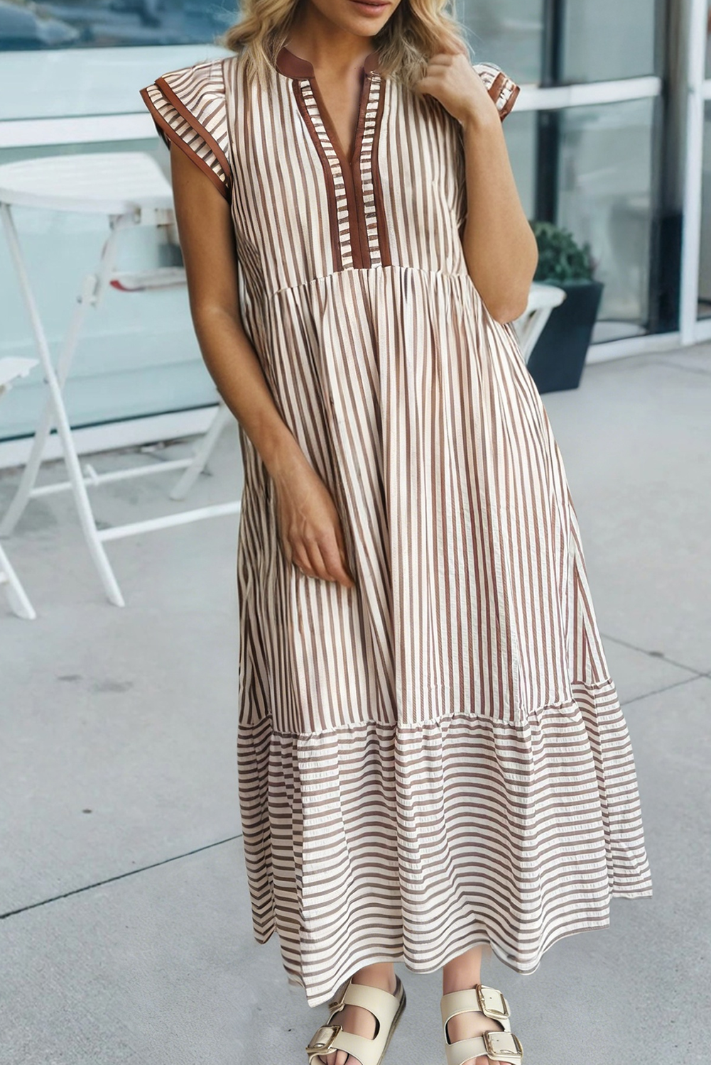 Plus Size Stripe V Neck Tiered Flutter Sleeve Maxi Dress: Brown Stripe / Plus Size / Plus-4X