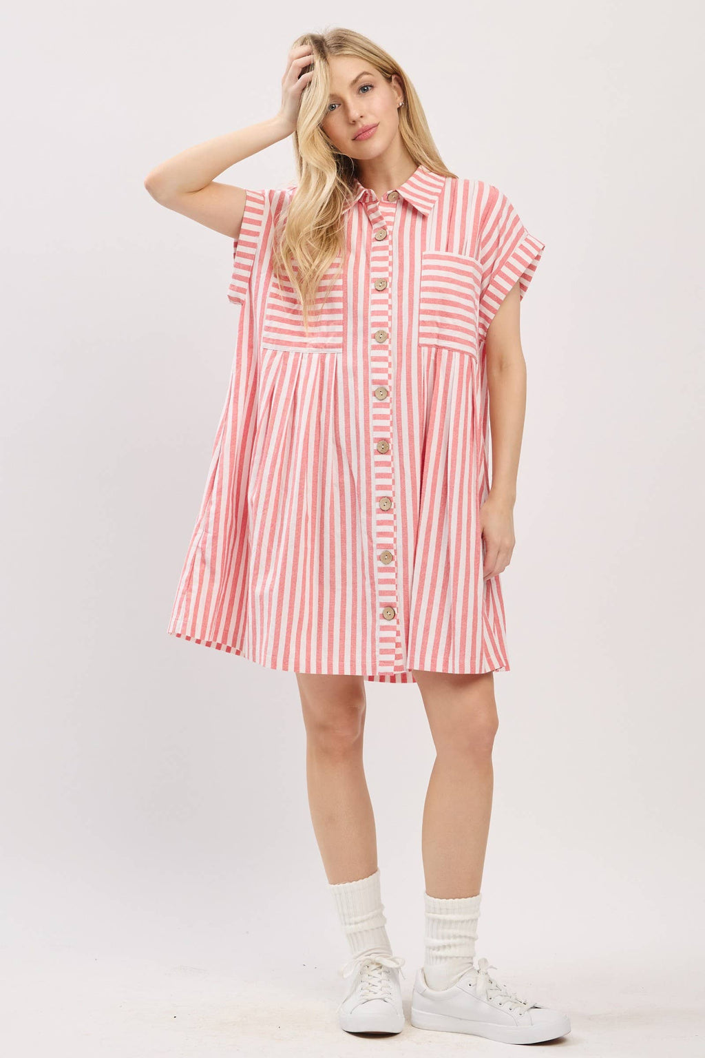 COTTON STRIPED BUTTON DOWN TUNIC DRESS