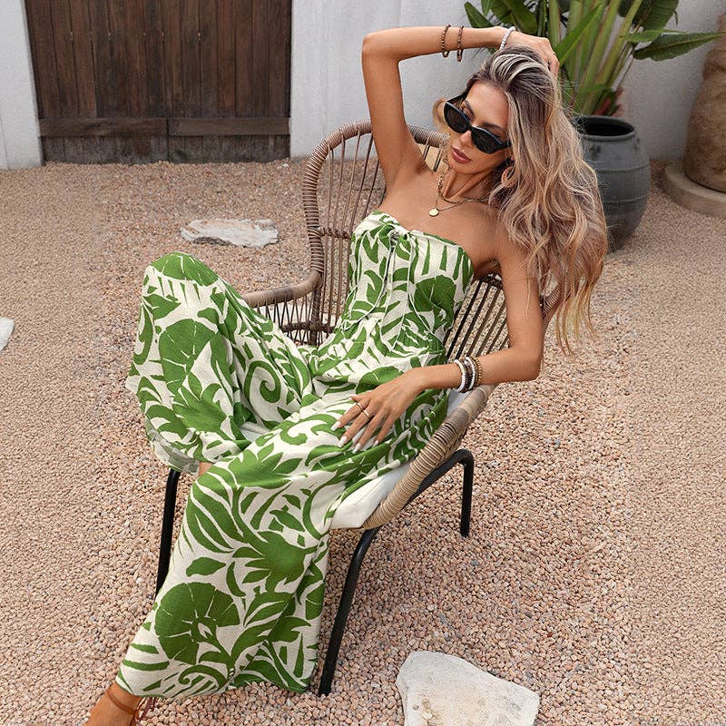 Women Strapless Tropical Print Wide Leg Jumpsuit Summer (XL)