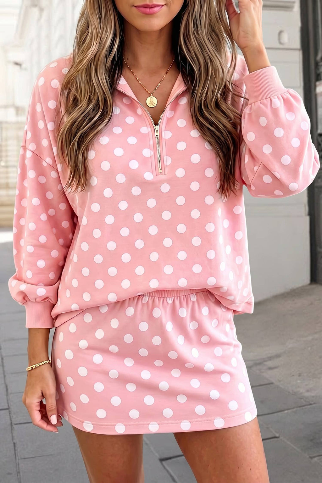 Lovely Polka Dots Print Zip Front  hooded Skort Set | S-XL