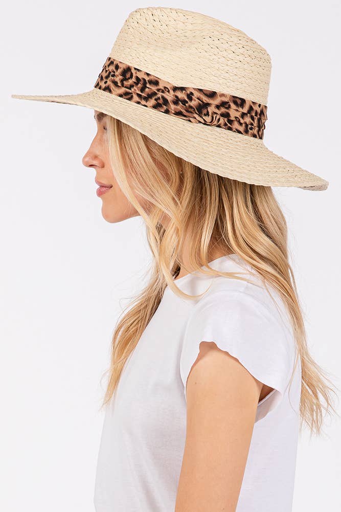 Leopard Trim Band Summer Straw Sun Hat