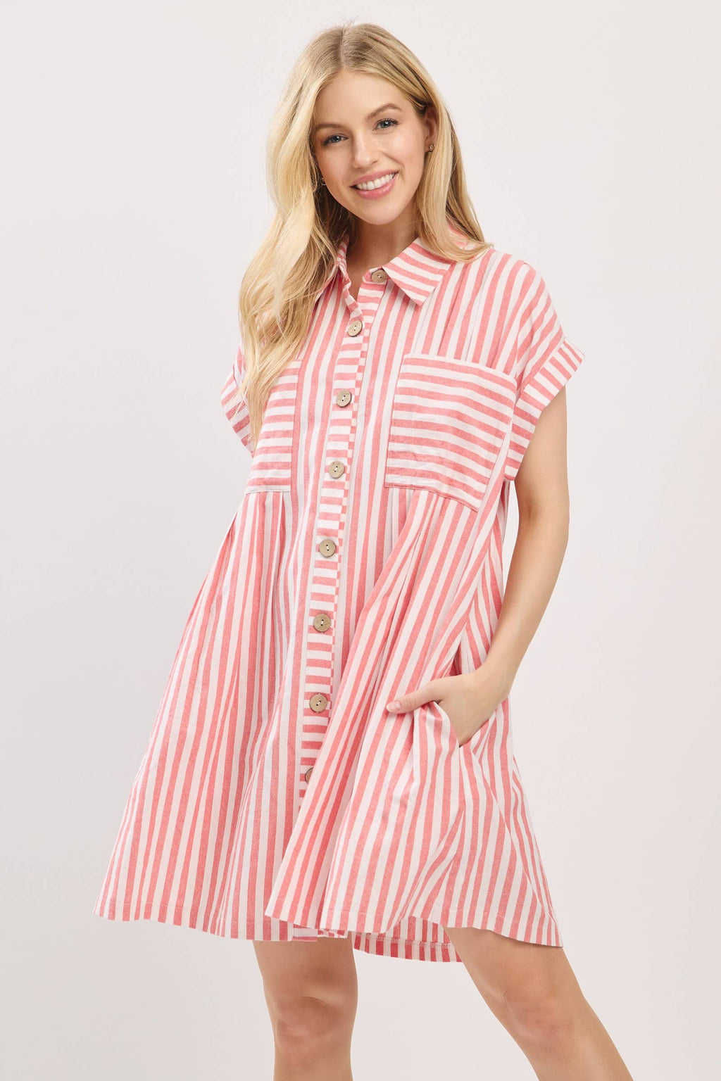COTTON STRIPED BUTTON DOWN TUNIC DRESS