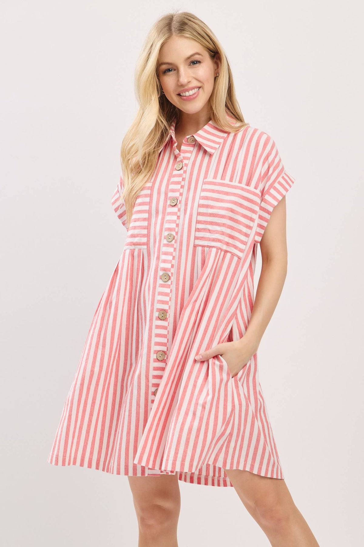 COTTON STRIPED BUTTON DOWN TUNIC DRESS